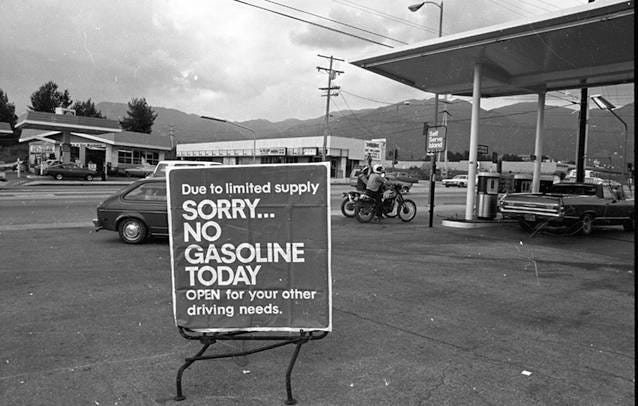Gas station with "No gas today" sign, Sylmar, 1979 - San Fernando Valley History - CSUN University Library Digital Collections