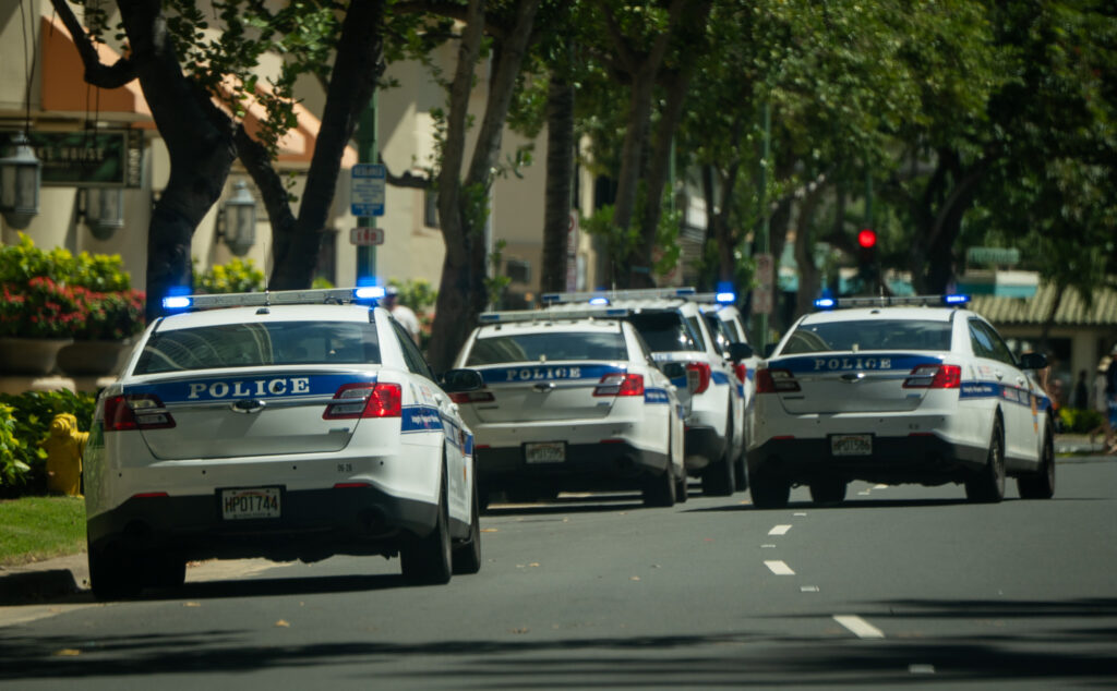 Honolulu Police Department vehicle on Kalakaua Blvd. across from the Waikiki sub-station, photographed on Tuesday, March 3, 2026. (Craig Fujii/Civil Beat/2026)