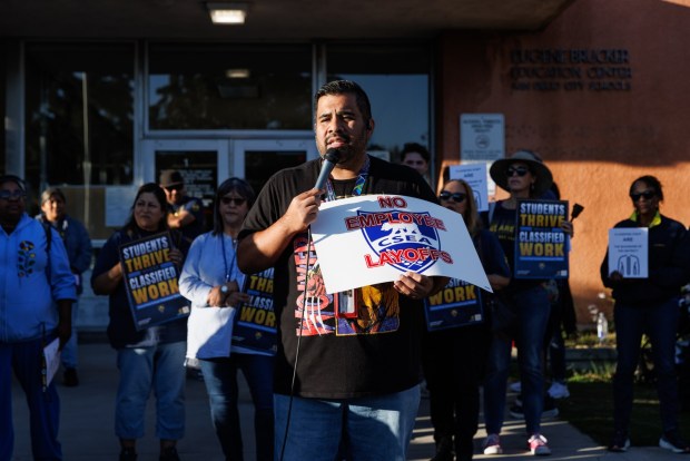 Richard Gijon, second vice president of CSEA Chapter 788, speaks to supporters and members of the media before a school board meeting at the San Diego Unified School District headquarters on Tuesday, March 3, 2026. (Kristian Carreon / The San Diego Union-Tribune)